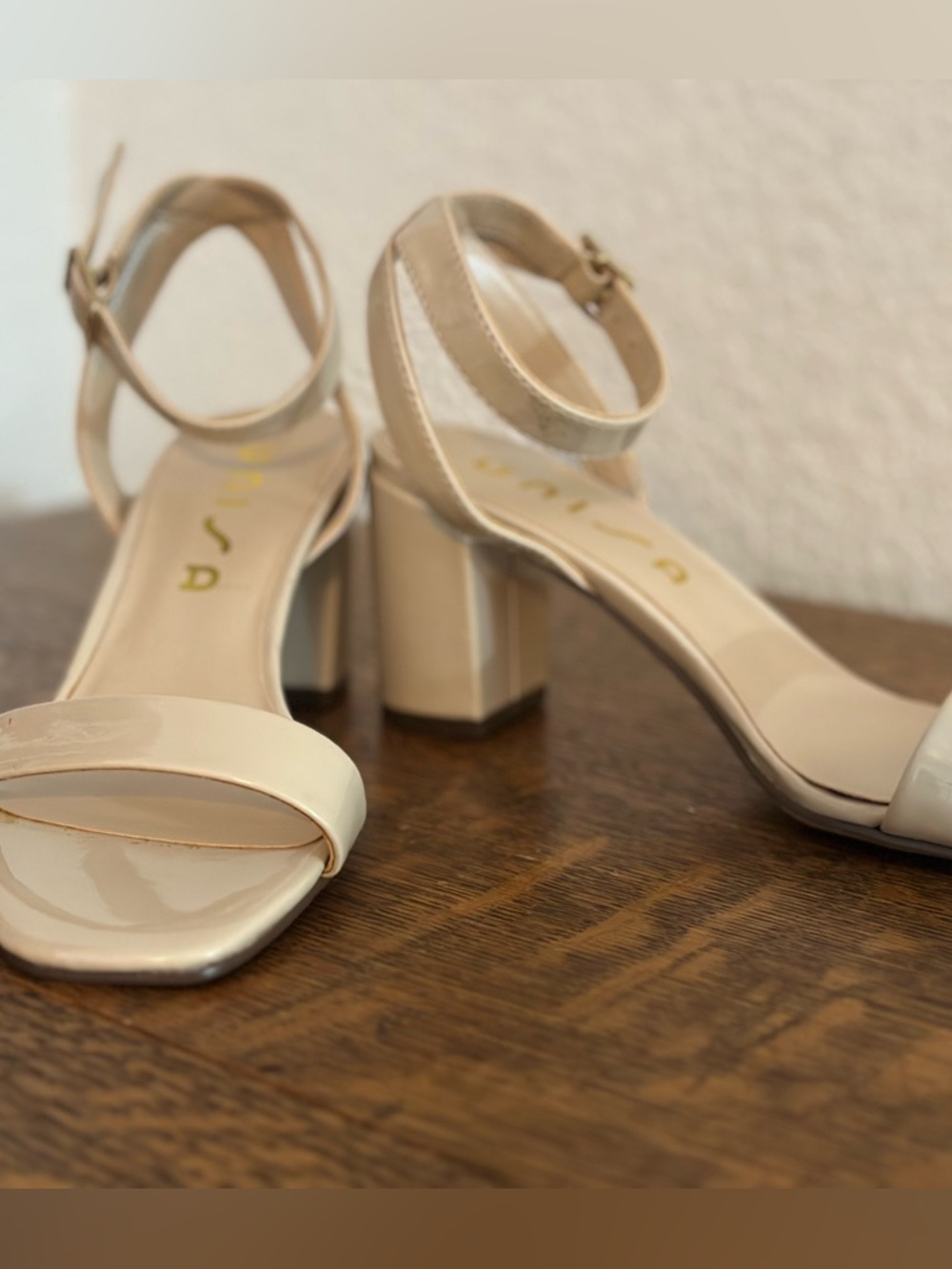 Unisa Cream Patent Block Heel Sandals with Ankle Strap